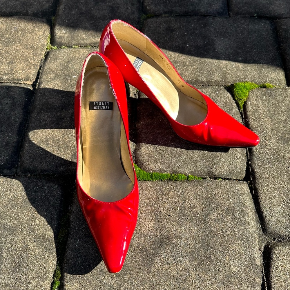 Stuart Weitzman Ruby Red Pointy Toe Patent Pumps - image 6